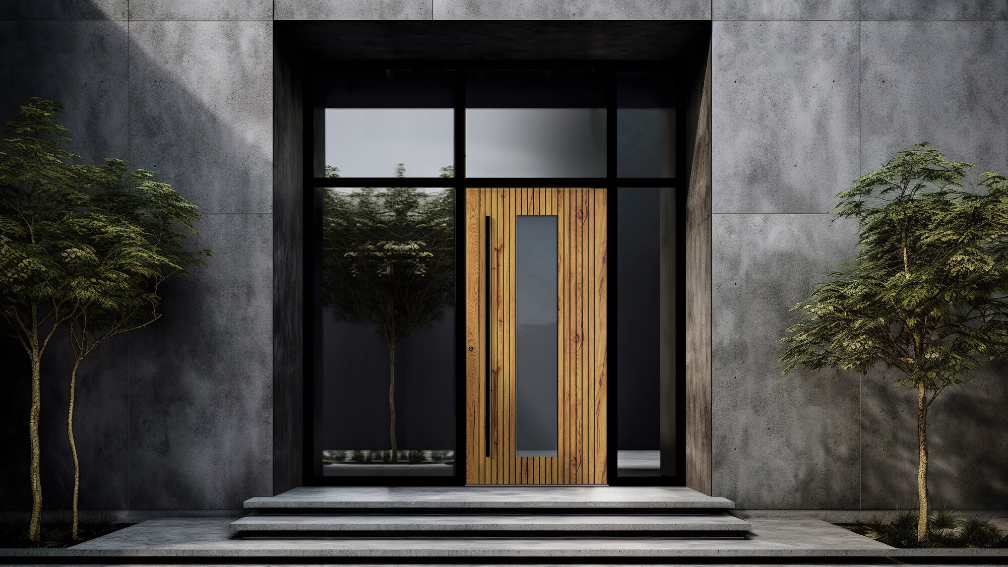 Porte d'entrée en aluminium avec vitrage et aspect bois